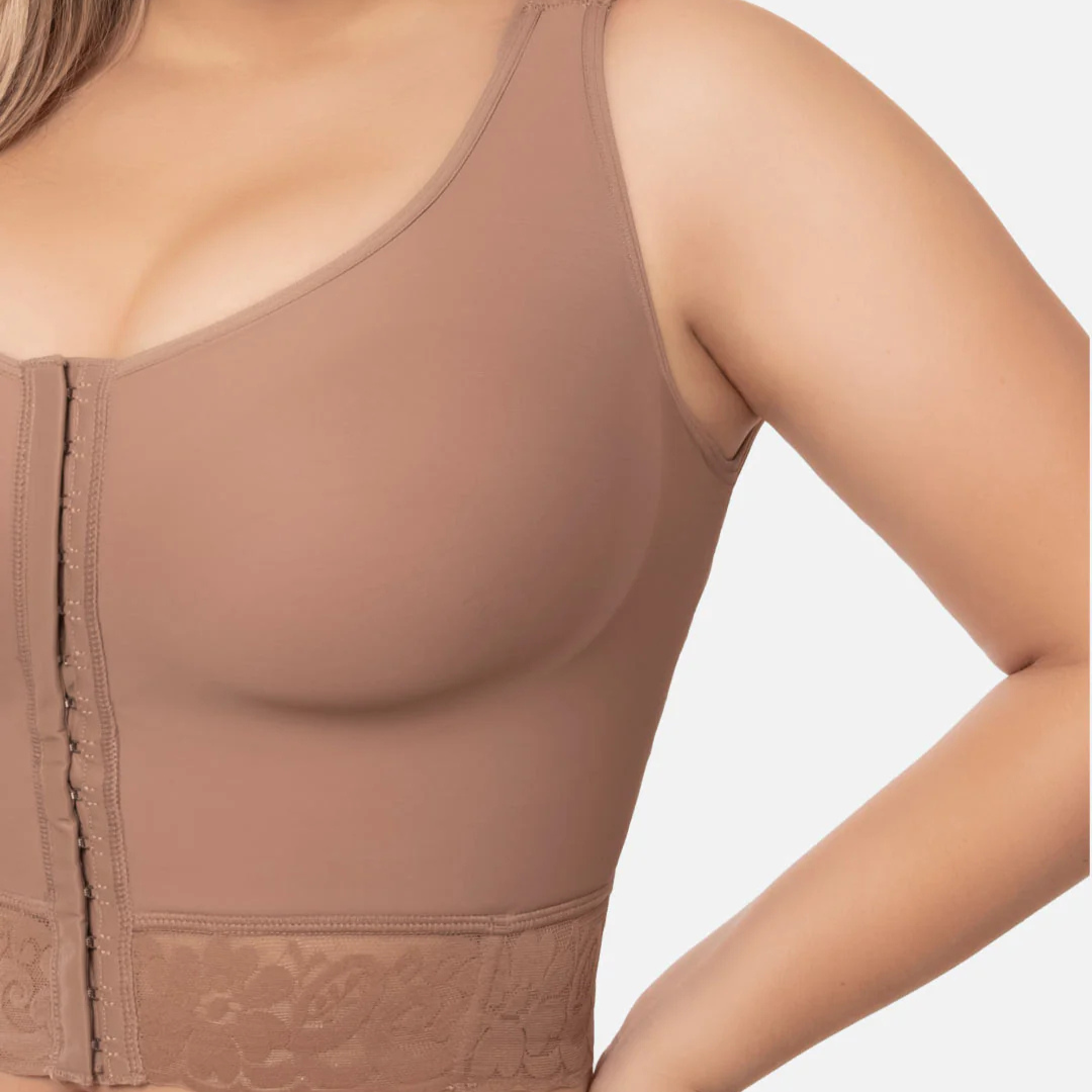 Post-surgical bra with 3 row hook and eye front closure