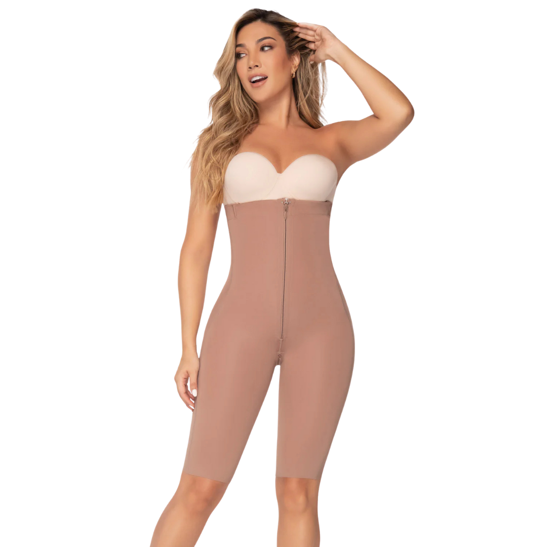 Colombian Seamless Tummy Control Bodysuit – Premium Collection | Removable Straps, Knee Length, Front & Crotch Zipper