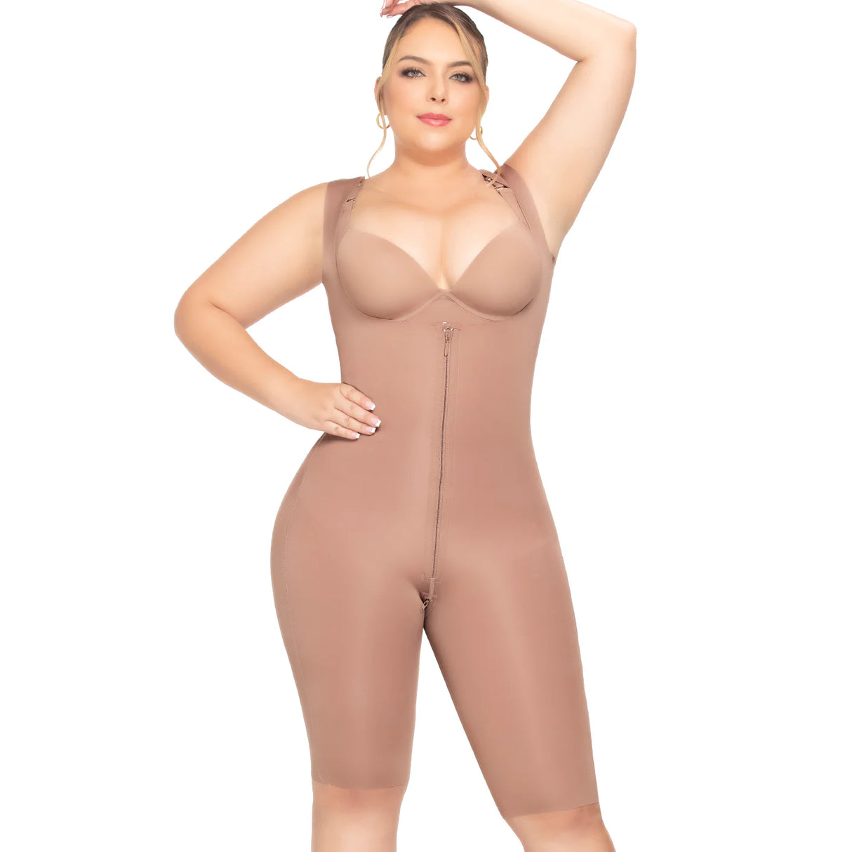 Colombian Seamless Knee-Length Shaper – Premium Collection | Thick Straps, High Back, Front Zipper with Inner Hooks, Crotch Zipper, Butt Lifter Design