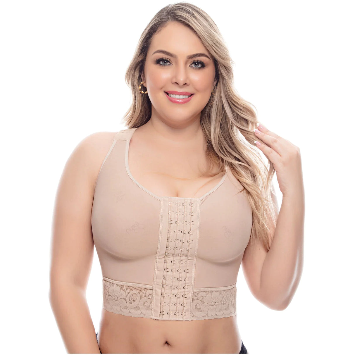 Post-surgical bra with 3 row hook and eye front closure