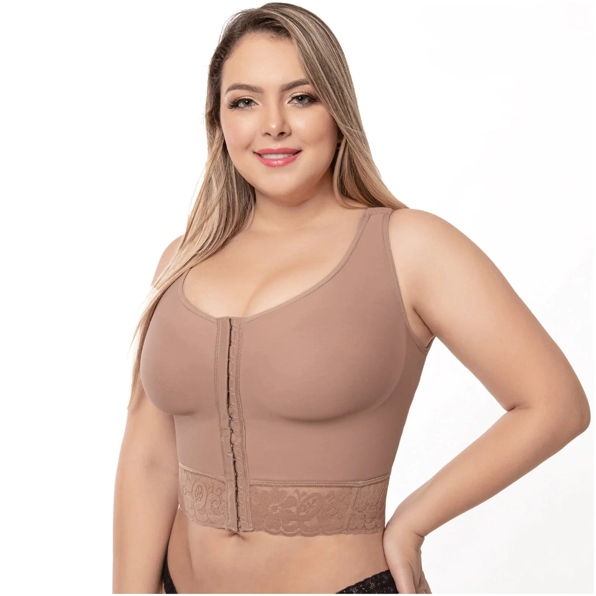 Post-surgical bra with 3 row hook and eye front closure