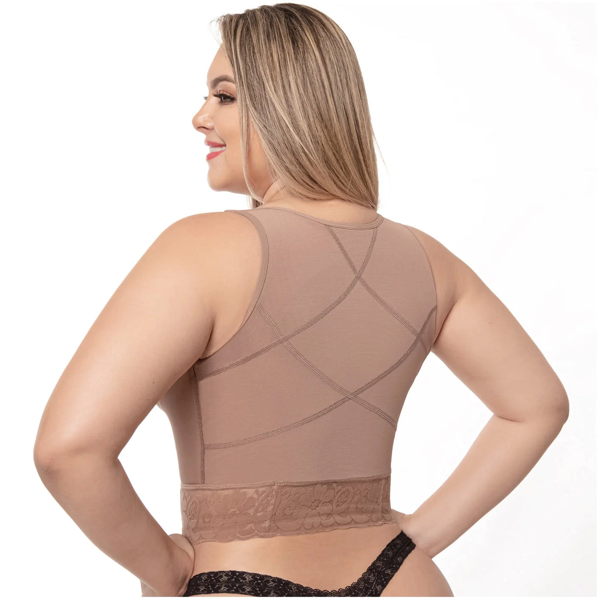 Post-surgical bra with 3 row hook and eye front closure