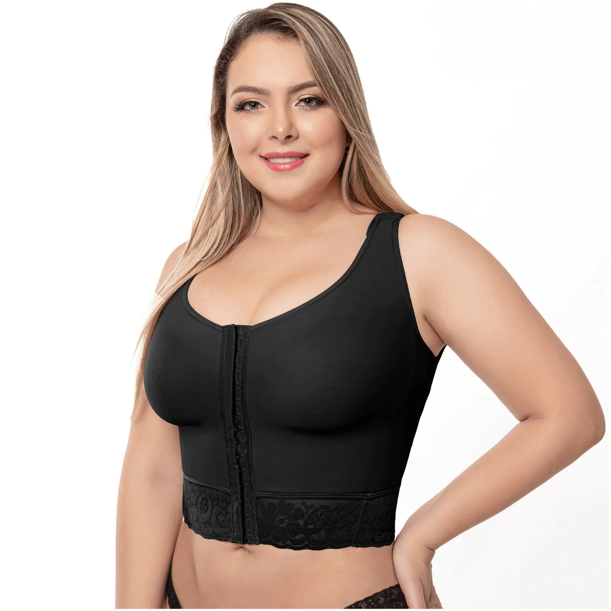 Post-surgical bra with 3 row hook and eye front closure