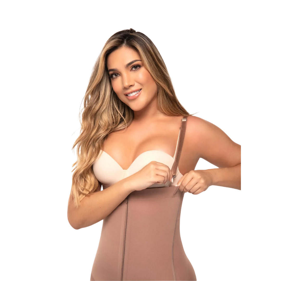 Colombian Seamless Tummy Control Bodysuit – Premium Collection | Removable Straps, Knee Length, Front & Crotch Zipper